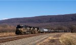 Tuscarora Mountain looms in the background as a long manifest freight glides around Mexico Curve